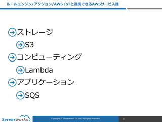 CONFIDENTIALCopyright	
  ©	
  	
  Serverworks	
  Co.,Ltd.	
  All	
  Rights	
  Reserved.	
  Copyright	
  ©	
  	
  Serverworks	
  Co.,Ltd.	
  All	
  Rights	
  Reserved.	
  
ストレージ  
S3  
コンピューティング  
Lambda  
アプリケーション  
SQS
ルールエンジン/アクション/AWS  IoTと連携できるAWSサービス達
42
 