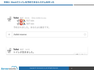 CONFIDENTIALCopyright	
  ©	
  	
  Serverworks	
  Co.,Ltd.	
  All	
  Rights	
  Reserved.	
  Copyright	
  ©	
  	
  Serverworks	
  Co.,Ltd.	
  All	
  Rights	
  Reserved.	
  
⼿手段2:  Slackでトイレを予約できるシステムを作った
80
 