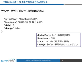 CONFIDENTIALCopyright	
  ©	
  	
  Serverworks	
  Co.,Ltd.	
  All	
  Rights	
  Reserved.	
  Copyright	
  ©	
  	
  Serverworks	
  Co.,Ltd.	
  All	
  Rights	
  Reserved.	
  
⼿手段2:  Slackでトイレを予約できるシステムを作った
84
{  
        “devicePlace":  "ToiletRoomRight",  
        "timestamp":  "2016-‐‑‒10-‐‑‒22  12:16:54",  
        "state":  0,  
        "change":  false  
}
devicePlace:  トイレの個室の場所  
timestamp:  ⽇日時  
state:  トイレの状態(空室・満室)  
change:  トイレの状態が変わったかどうか
センサーからJSONを30秒間隔で送る
 