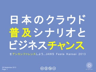 28 September 2013
Page: 1
日 本 の ク ラ ウ ド
普及シナリオと
ビジネスチャンス
をアンカンファレンスしよう。JAWS Festa Kansai 2013
 