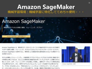 Amazon SageMaker
機械学習環境：機械学習に特化しててめちゃ便利・・・
32
 