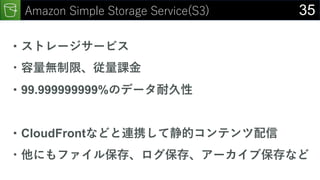 35Amazon Simple Storage Service(S3)
・ストレージサービス
・容量無制限、従量課金
・99.999999999%のデータ耐久性
・CloudFrontなどと連携して静的コンテンツ配信
・他にもファイル保存、ログ...