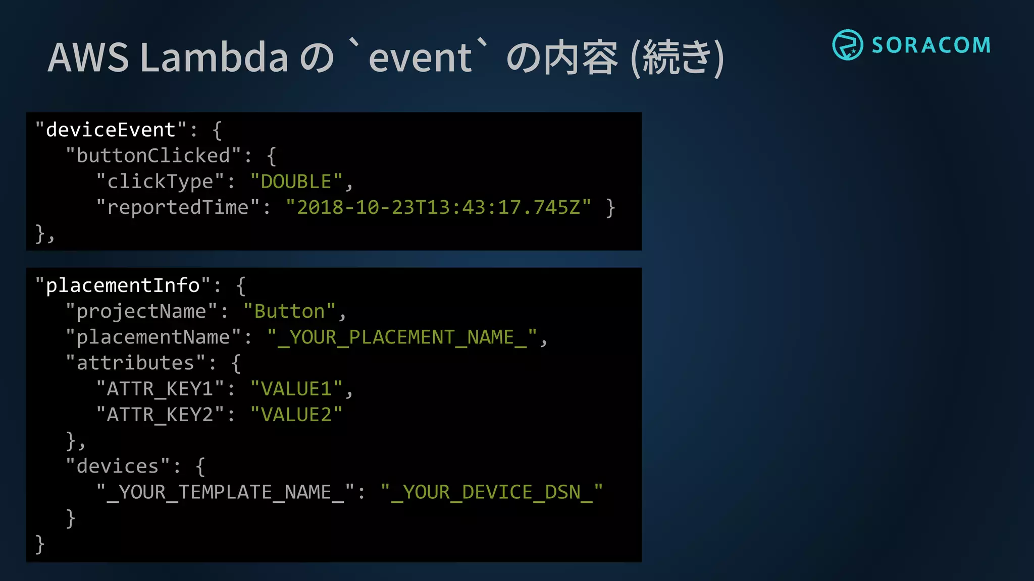 AWS Lambda の `event` の内容 (続き)
"deviceEvent": {
"buttonClicked": {
"clickType": "DOUBLE",
"reportedTime": "2018-10-23T13:43:17.745Z" }
},
"placementInfo": {
"projectName": "Button",
"placementName": "_YOUR_PLACEMENT_NAME_",
"attributes": {
"ATTR_KEY1": "VALUE1",
"ATTR_KEY2": "VALUE2"
},
"devices": {
"_YOUR_TEMPLATE_NAME_": "_YOUR_DEVICE_DSN_"
}
}
 