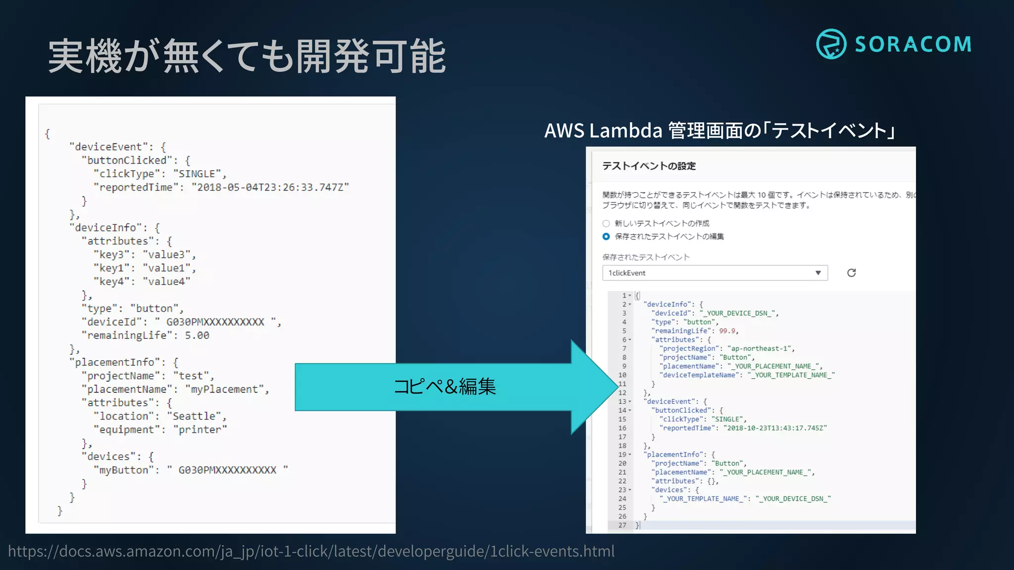 実機が無くても開発可能
https://docs.aws.amazon.com/ja_jp/iot-1-click/latest/developerguide/1click-events.html
AWS Lambda 管理画面の「テストイベント」
コピペ＆編集
 