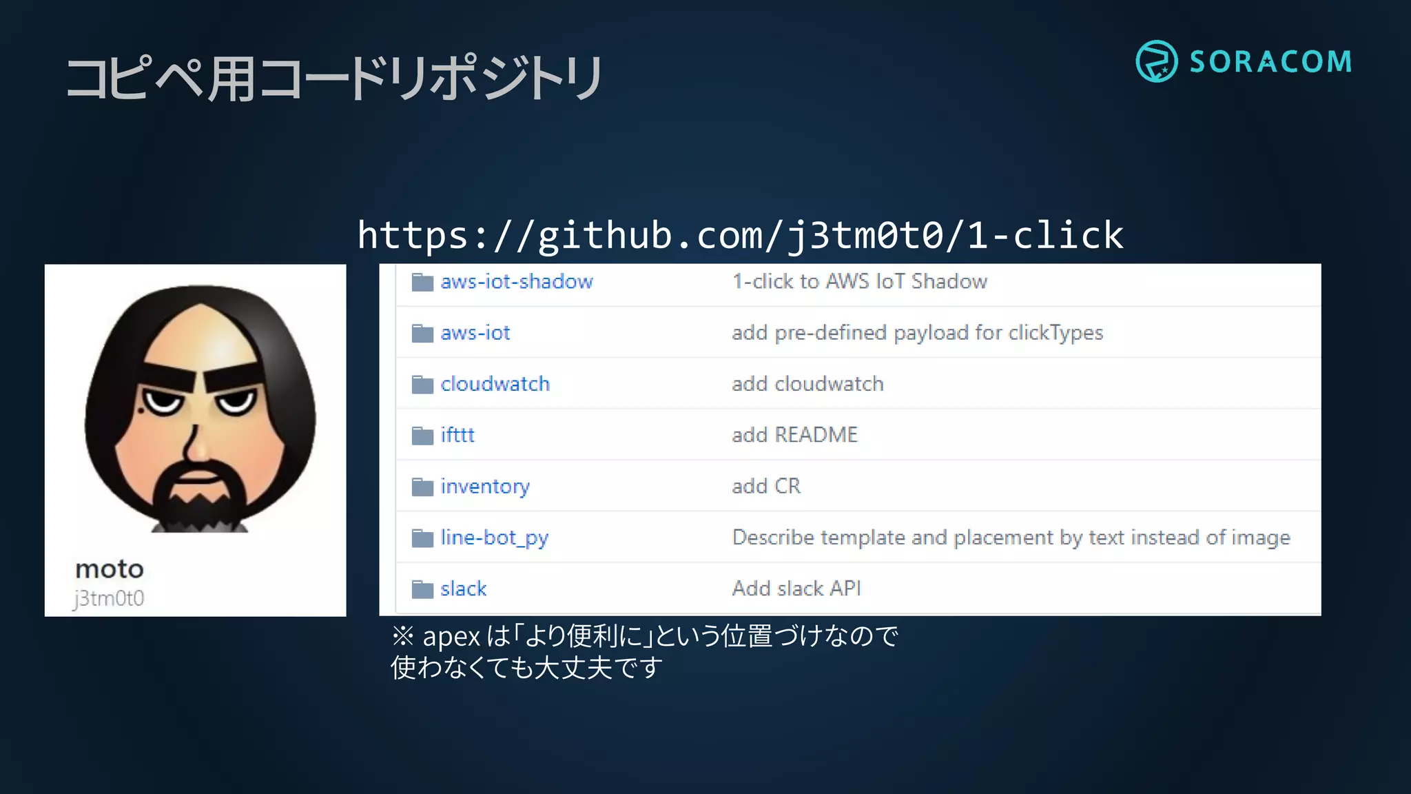 コピペ用コードリポジトリ
https://github.com/j3tm0t0/1-click
※ apex は「より便利に」という位置づけなので
使わなくても大丈夫です
 