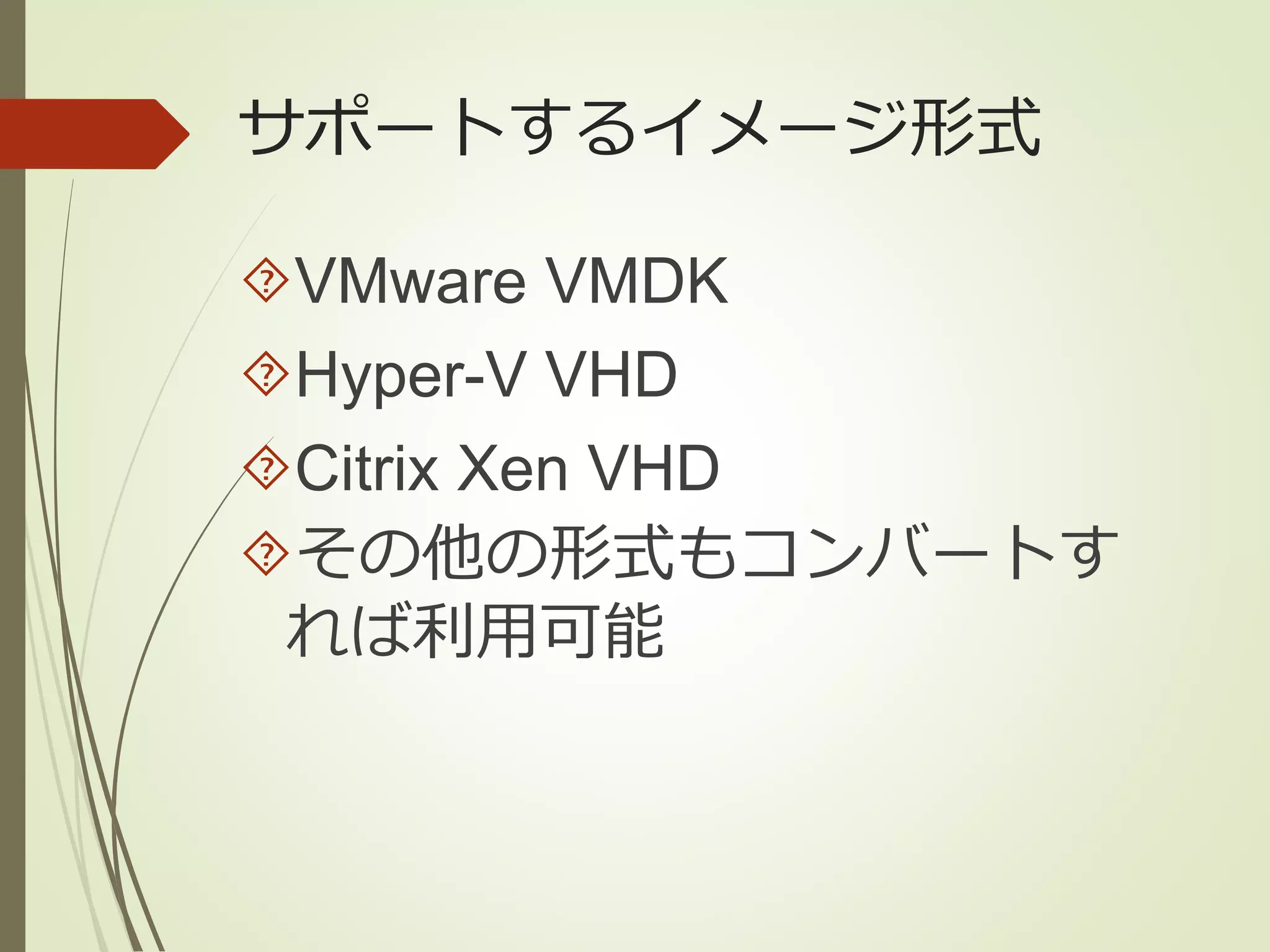 サポートするイメージ形式 
VMware VMDK 
Hyper-V VHD 
Citrix Xen VHD 
その他の形式もコンバートす 
れば利用可能 
 