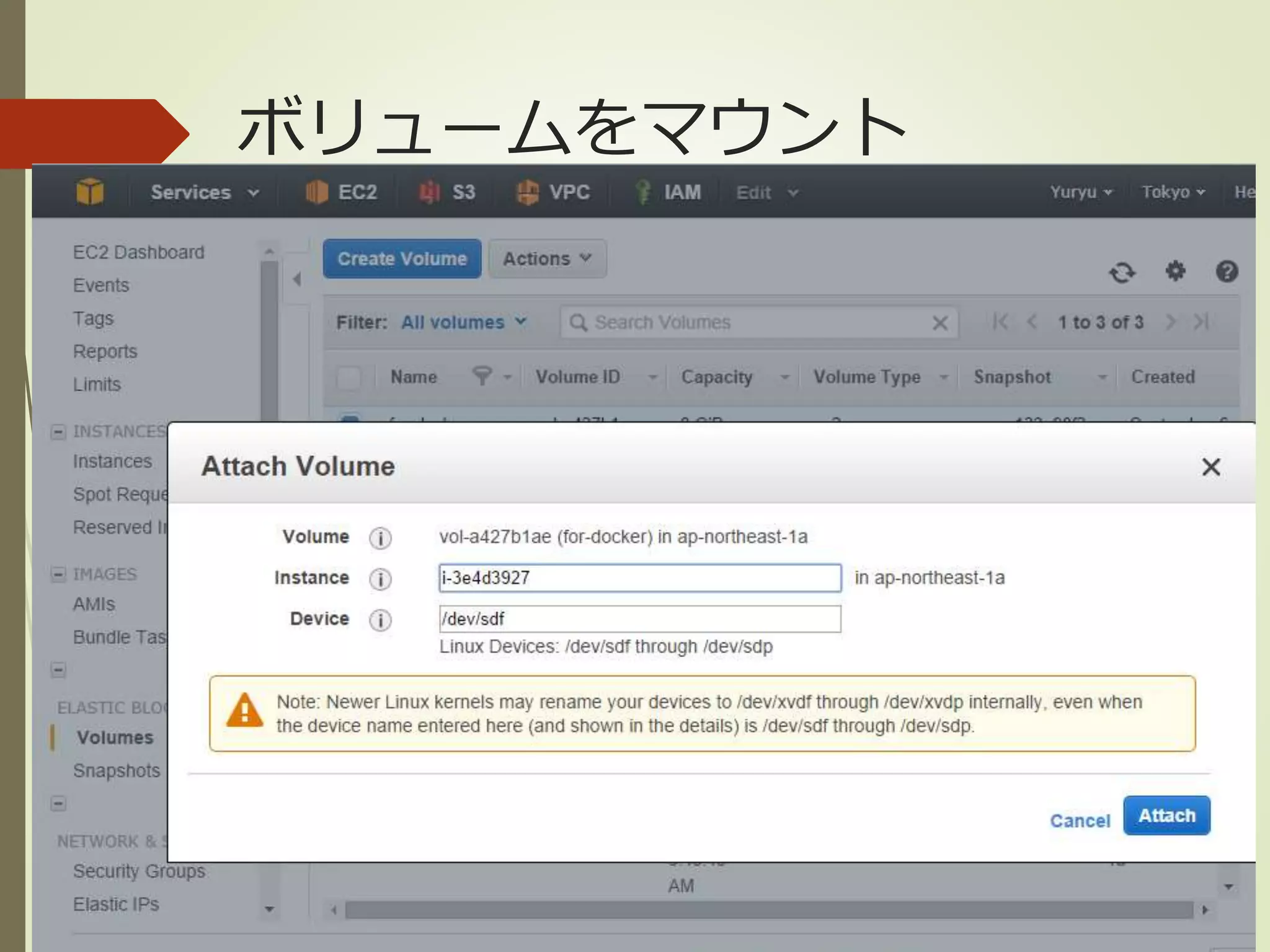 ボリュームをマウント 
 