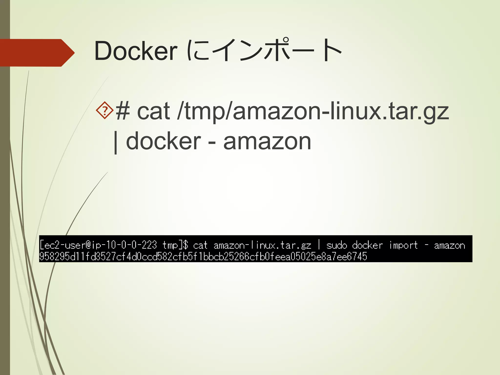 Docker にインポート 
# cat /tmp/amazon-linux.tar.gz 
| docker - amazon 
 