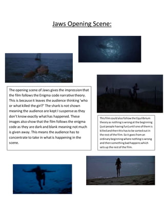 Jaws Opening Scene:
The opening scene of Jaws gives the impression that
the film follows the Enigma code narrativetheory.
This is becauseit leaves the audience thinking ‘who
or whatkilled the girl?’ The shark is not shown
meaning the audience are kept I suspenseas they
don’t know exactly whathas happened. These
images also show that the film follows the enigma
code as they are dark and blank meaning not much
is given away. This means the audience has to
concentrate to take in whatis happening in the
scene.
Thisfilmcouldalsofollow the Equilibrium
theoryas nothingiswrongat the beginning
(justpeople havingfun)until one of themis
killedandthenthishasto be sortedoutin
the rest of the film.Soit goesfroman
ordinarybeginningwhere nothingis wrong
and thensomethingbadhappenswhich
setsup the restof the film.
 