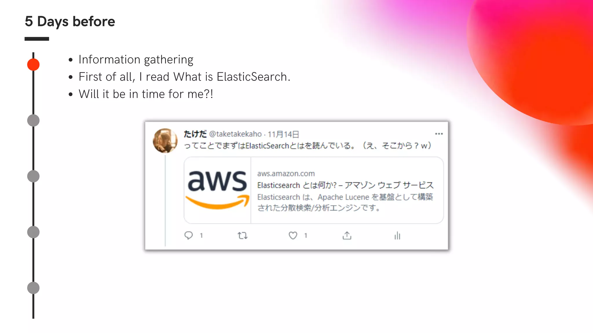 5 Days before
Information gathering
First of all, I read What is ElasticSearch.
Will it be in time for me?!
 