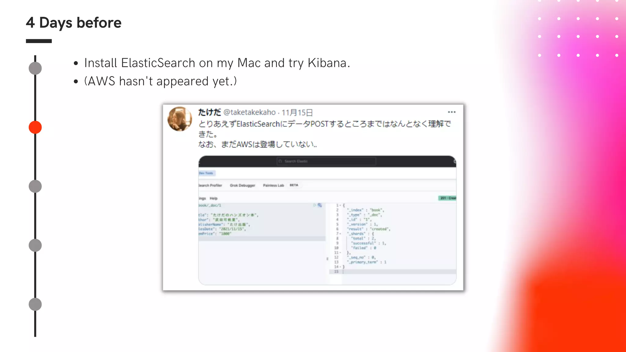 4 Days before
Install ElasticSearch on my Mac and try Kibana.
(AWS hasn't appeared yet.)
 