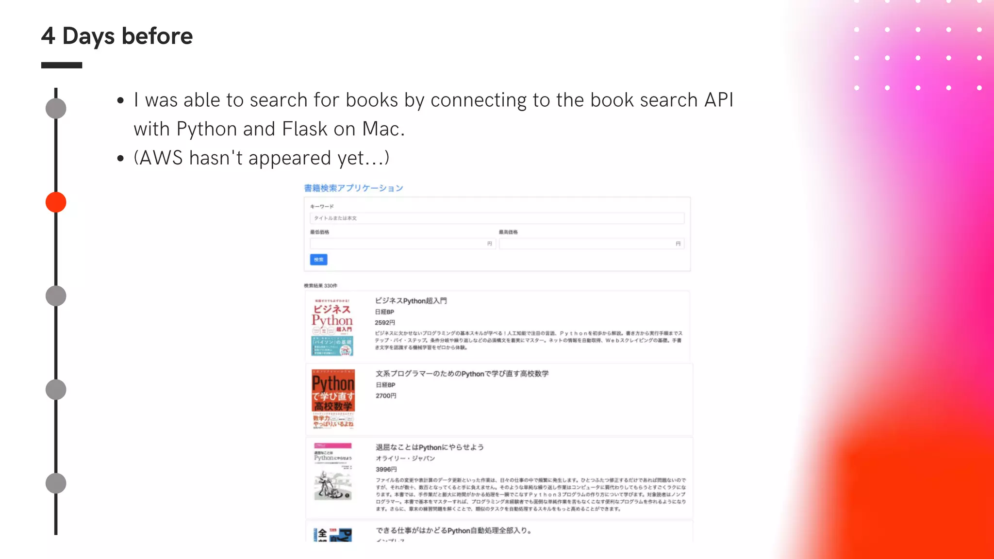 4 Days before
I was able to search for books by connecting to the book search API
with Python and Flask on Mac.
(AWS hasn't appeared yet...)
 