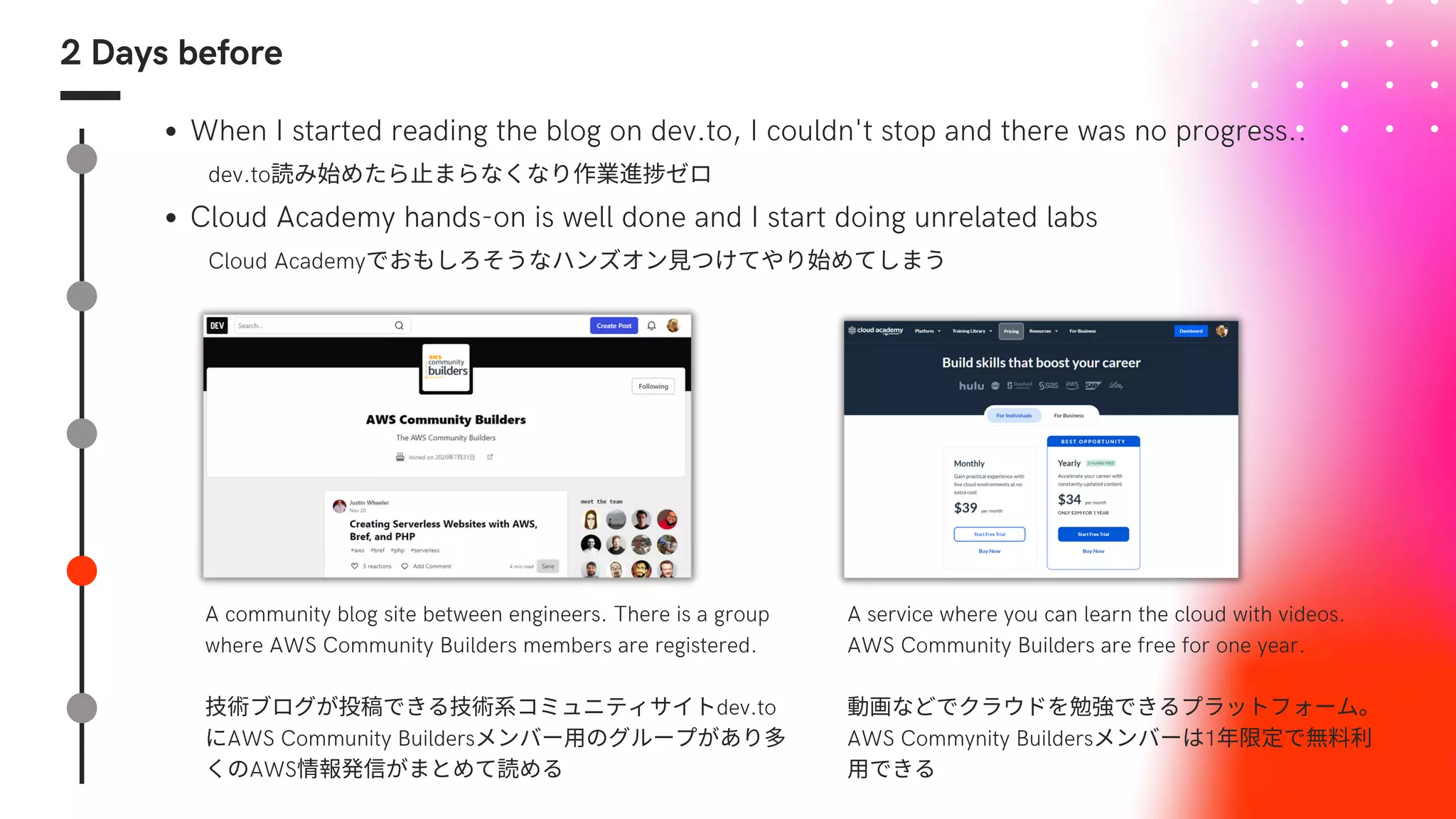2 Days before
When I started reading the blog on dev.to, I couldn't stop and there was no progress..
Cloud Academy hands-on is well done and I start doing unrelated labs
　　　dev.to読み始めたら止まらなくなり作業進捗ゼロ
　　　Cloud Academyでおもしろそうなハンズオン見つけてやり始めてしまう
A community blog site between engineers. There is a group
where AWS Community Builders members are registered.
技術ブログが投稿できる技術系コミュニティサイトdev.to
にAWS Community Buildersメンバー用のグループがあり多
くのAWS情報発信がまとめて読める
A service where you can learn the cloud with videos.
AWS Community Builders are free for one year.
動画などでクラウドを勉強できるプラットフォーム。
AWS Commynity Buildersメンバーは1年限定で無料利
用できる
 