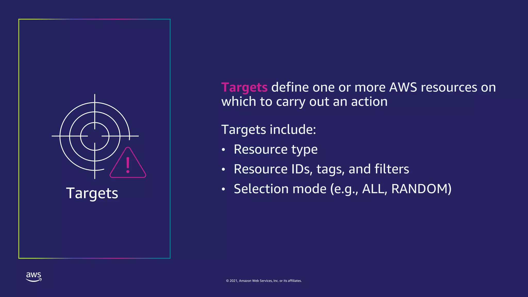 © 2021, Amazon Web Services, Inc. or its affiliates.
Targets
Targets define one or more AWS resources on
which to carry out an action
Targets include:
• Resource type
• Resource IDs, tags, and filters
• Selection mode (e.g., ALL, RANDOM)
 