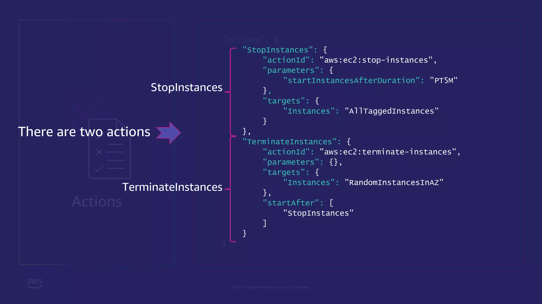 © 2021, Amazon Web Services, Inc. or its affiliates.
Actions
"actions": {
"StopInstances": {
"actionId": "aws:ec2:stop-instances",
"parameters": {
"startInstancesAfterDuration": ”PT5M"
},
"targets": {
"Instances": "AllTaggedInstances"
}
},
"TerminateInstances": {
"actionId": "aws:ec2:terminate-instances",
"parameters": {},
"targets": {
"Instances": "RandomInstancesInAZ"
},
"startAfter": [
"StopInstances"
]
}
}
There are two actions
StopInstances
TerminateInstances
 