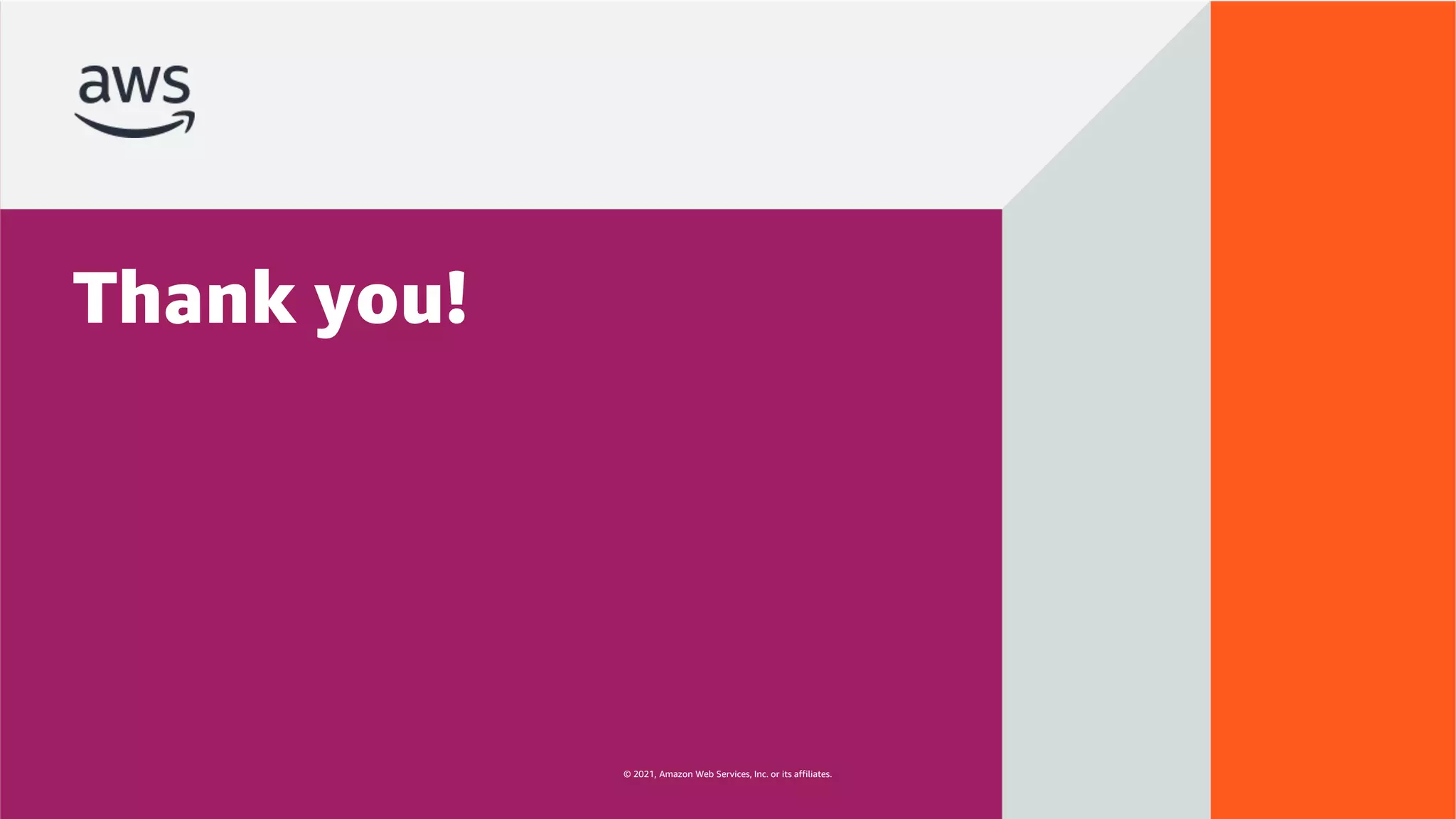 © 2021, Amazon Web Services, Inc. or its affiliates.
Thank you!
© 2021, Amazon Web Services, Inc. or its affiliates.
 