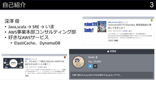 3自己紹介
深澤 俊
• Java,scala → SRE → いま
• AWS事業本部コンサルティング部
• 好きなAWSサービス
• ElastiCache、DynamoDB
 