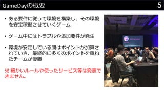 5GameDayの概要
• ある要件に従って環境を構築し、その環境
を安定稼働させていくゲーム
• ゲーム中にはトラブルや追加要件が発生
• 環境が安定している間はポイントが加算さ
れていき、最終的に多くのポイントを重ね
たチームが優勝
※ 細かいルールや使ったサービス等は発表で
きません。
 