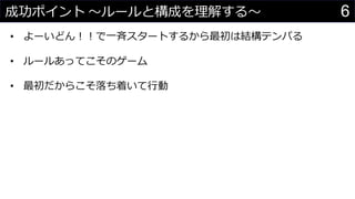 6成功ポイント 〜ルールと構成を理解する〜
• よーいどん！！で一斉スタートするから最初は結構テンパる
• ルールあってこそのゲーム
• 最初だからこそ落ち着いて行動
 