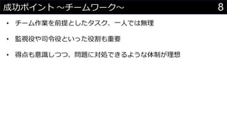 8成功ポイント 〜チームワーク〜
• チーム作業を前提としたタスク、一人では無理
• 監視役や司令役といった役割も重要
• 得点も意識しつつ、問題に対処できるような体制が理想
 