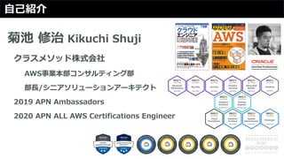 ⾃⼰紹介
菊池 修治 Kikuchi Shuji
クラスメソッド株式会社
AWS事業本部コンサルティング部
部⻑/シニアソリューションアーキテクト
2019 APN Ambassadors
2020 APN ALL AWS Certifications Engineer
 
