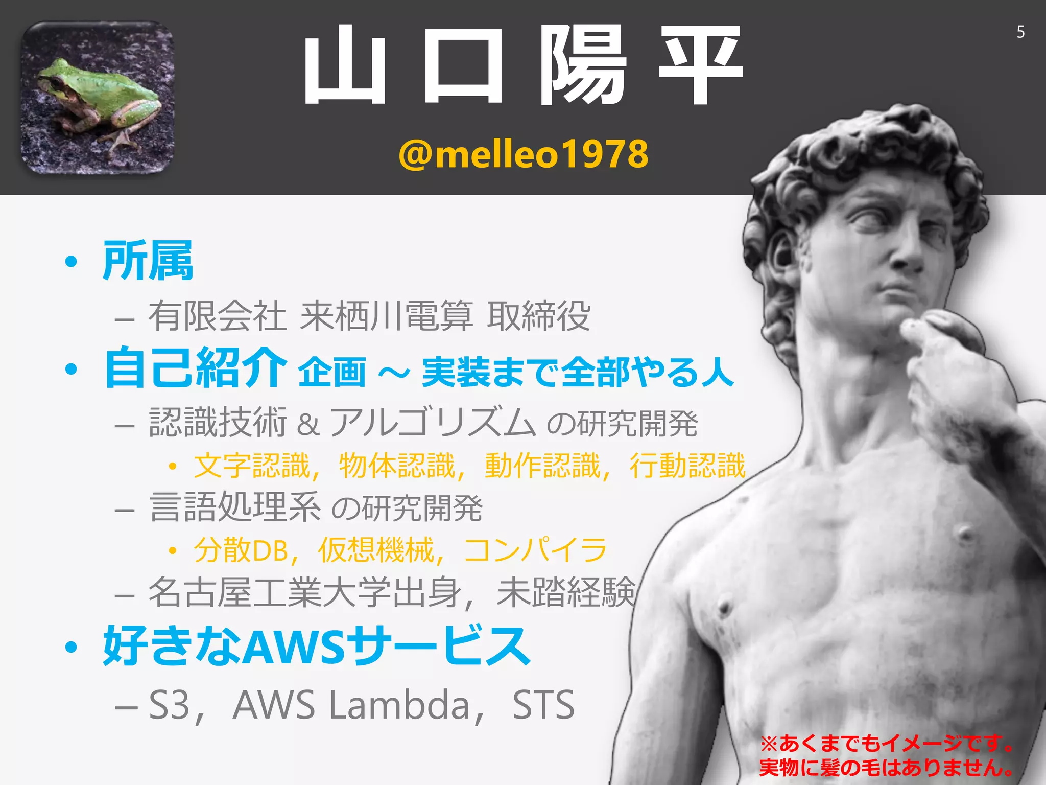 山 口 陽 平
@melleo1978
• 所属
– 有限会社 来栖川電算 取締役
• 自己紹介 企画 ～ 実装まで全部やる人
– 認識技術 & アルゴリズム の研究開発
• 文字認識，物体認識，動作認識，行動認識
– 言語処理系 の研究開発
• 分散DB，仮想機械，コンパイラ
– 名古屋工業大学出身，未踏経験
• 好きなAWSサービス
– S3，AWS Lambda，STS
※あくまでもイメージです。
実物に髪の毛はありません。
5
 