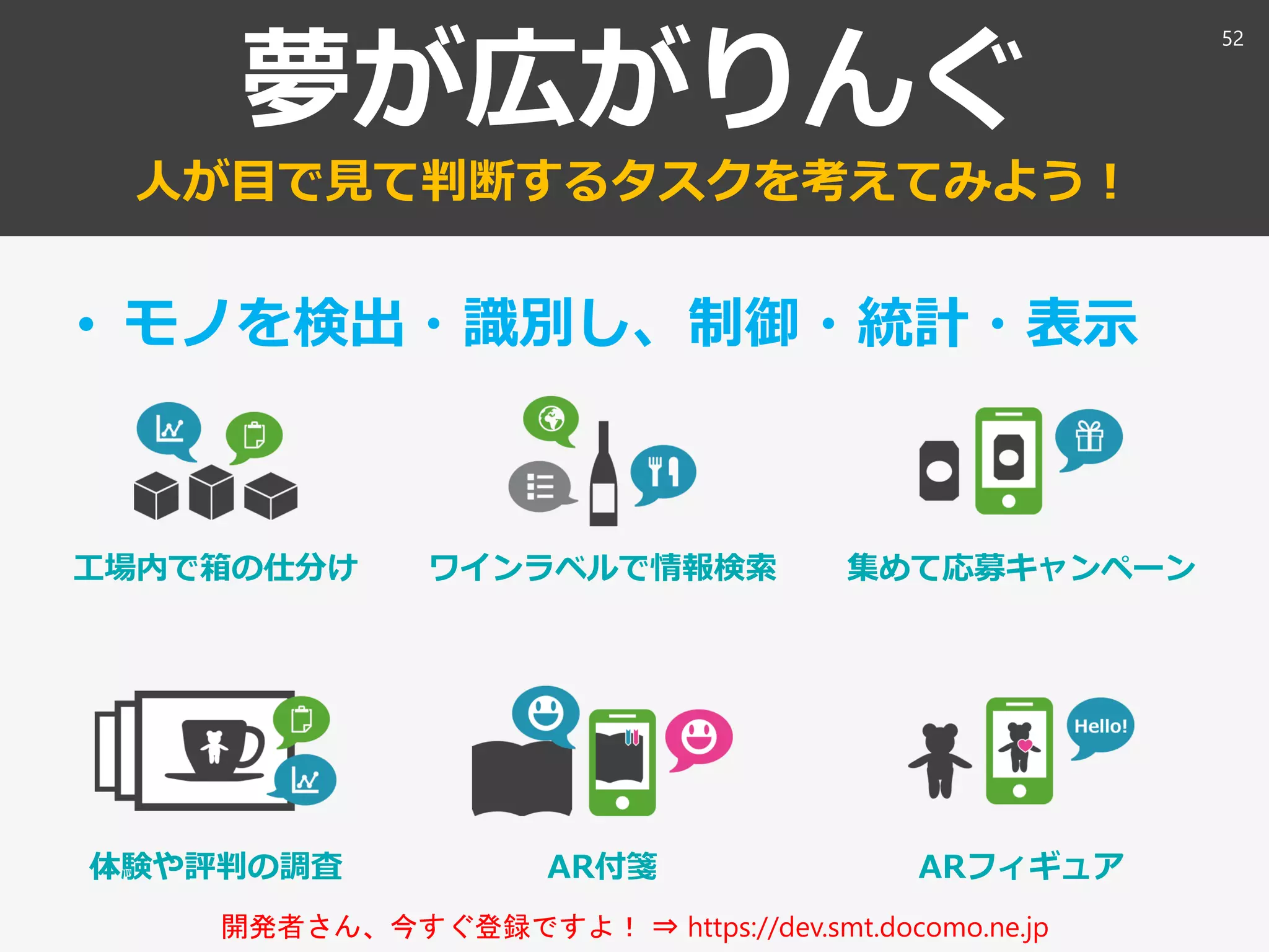 夢が広がりんぐ
人が目で見て判断するタスクを考えてみよう！
• モノを検出・識別し、制御・統計・表示
52
工場内で箱の仕分け
体験や評判の調査
ワインラベルで情報検索
AR付箋
集めて応募キャンペーン
ARフィギュア
開発者さん、今すぐ登録ですよ！ ⇒ https://dev.smt.docomo.ne.jp
 