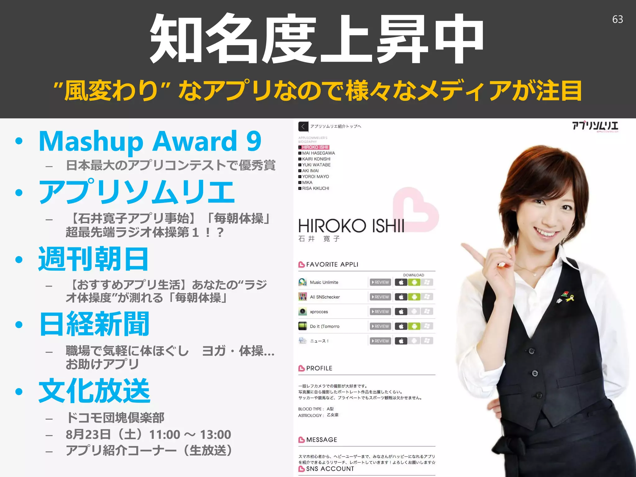 知名度上昇中
”風変わり” なアプリなので様々なメディアが注目
• Mashup Award 9
– 日本最大のアプリコンテストで優秀賞
• アプリソムリエ
– 【石井寛子アプリ事始】「毎朝体操」
超最先端ラジオ体操第１！？
• 週刊朝日
– 【おすすめアプリ生活】あなたの“ラジ
オ体操度”が測れる「毎朝体操」
• 日経新聞
– 職場で気軽に体ほぐし ヨガ・体操…
お助けアプリ
• 文化放送
– ドコモ団塊倶楽部
– 8月23日（土）11:00 ～ 13:00
– アプリ紹介コーナー（生放送）
63
 