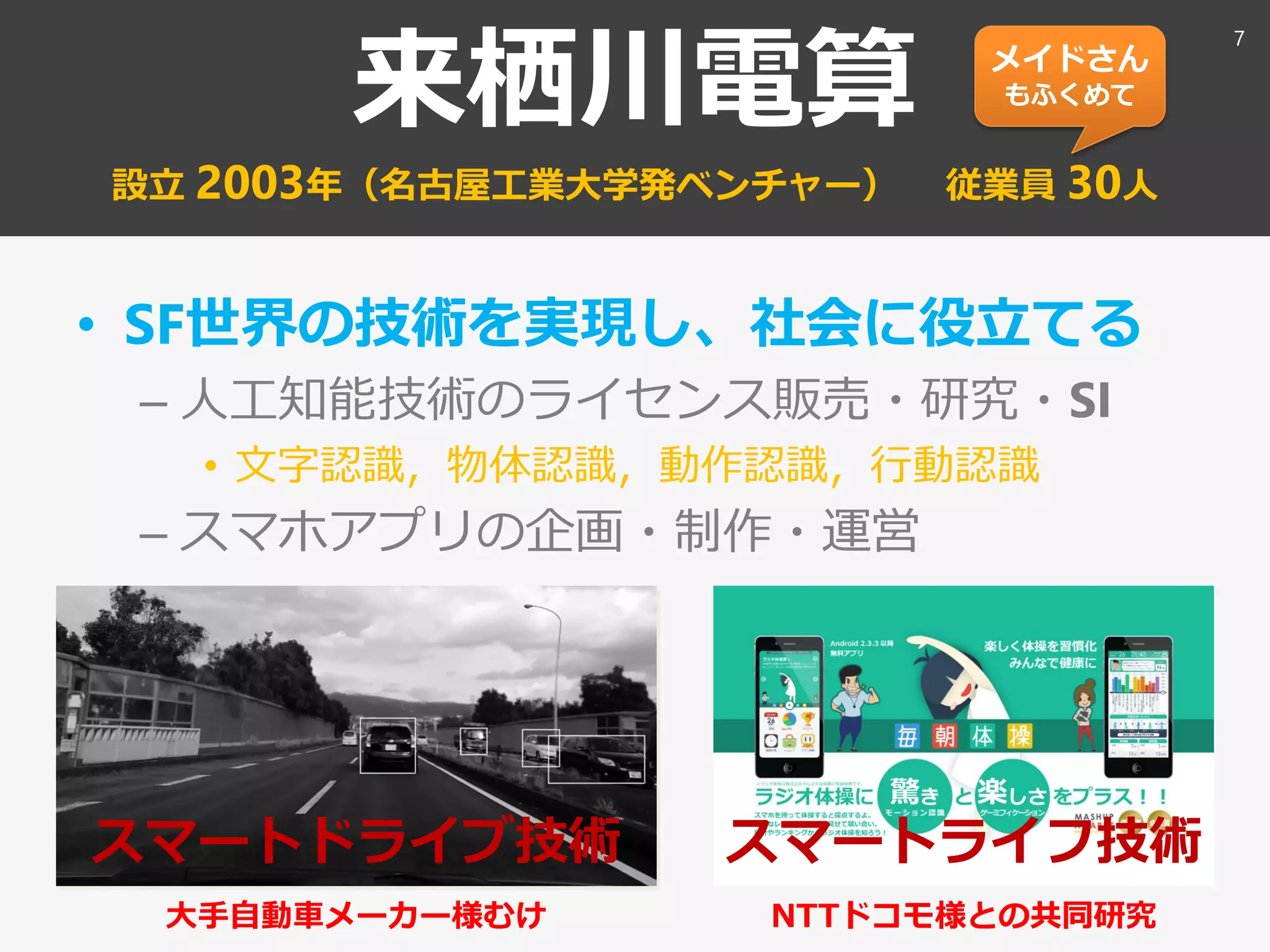 来栖川電算
設立 2003年（名古屋工業大学発ベンチャー） 従業員 30人
• SF世界の技術を実現し、社会に役立てる
– 人工知能技術のライセンス販売・研究・SI
• 文字認識，物体認識，動作認識，行動認識
– スマホアプリの企画・制作・運営
スマートライフ技術
NTTドコモ様との共同研究
スマートドライブ技術
大手自動車メーカー様むけ
メイドさん
もふくめて
7
 