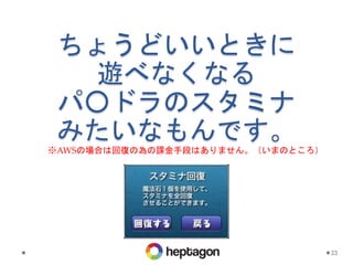 ちょうどいいときに
遊べなくなる
パ○ドラのスタミナ
みたいなもんです。
23
※AWSの場合は回復の為の課金手段はありません。（いまのところ）
 