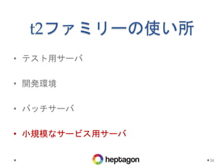 t2ファミリーの使い所
• テスト用サーバ
• 開発環境
• バッチサーバ
• 小規模なサービス用サーバ
26
 