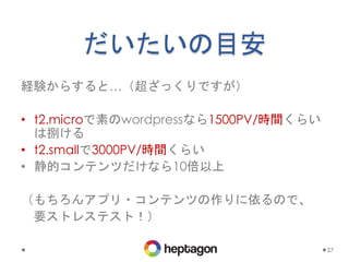 だいたいの目安
経験からすると…（超ざっくりですが）
• t2.microで素のwordpressなら1500PV/時間くらい
は捌ける
• t2.smallで3000PV/時間くらい
• 静的コンテンツだけなら10倍以上
（もちろんアプリ・コンテンツの作りに依るので、
要ストレステスト！）
27
 