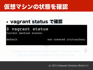 仮想マシンの状態を確認
(c) 2014 Masashi Shinbara @shin1x1
$ vagrant status!
Current machine states:!
!
default not created (virtualbo...