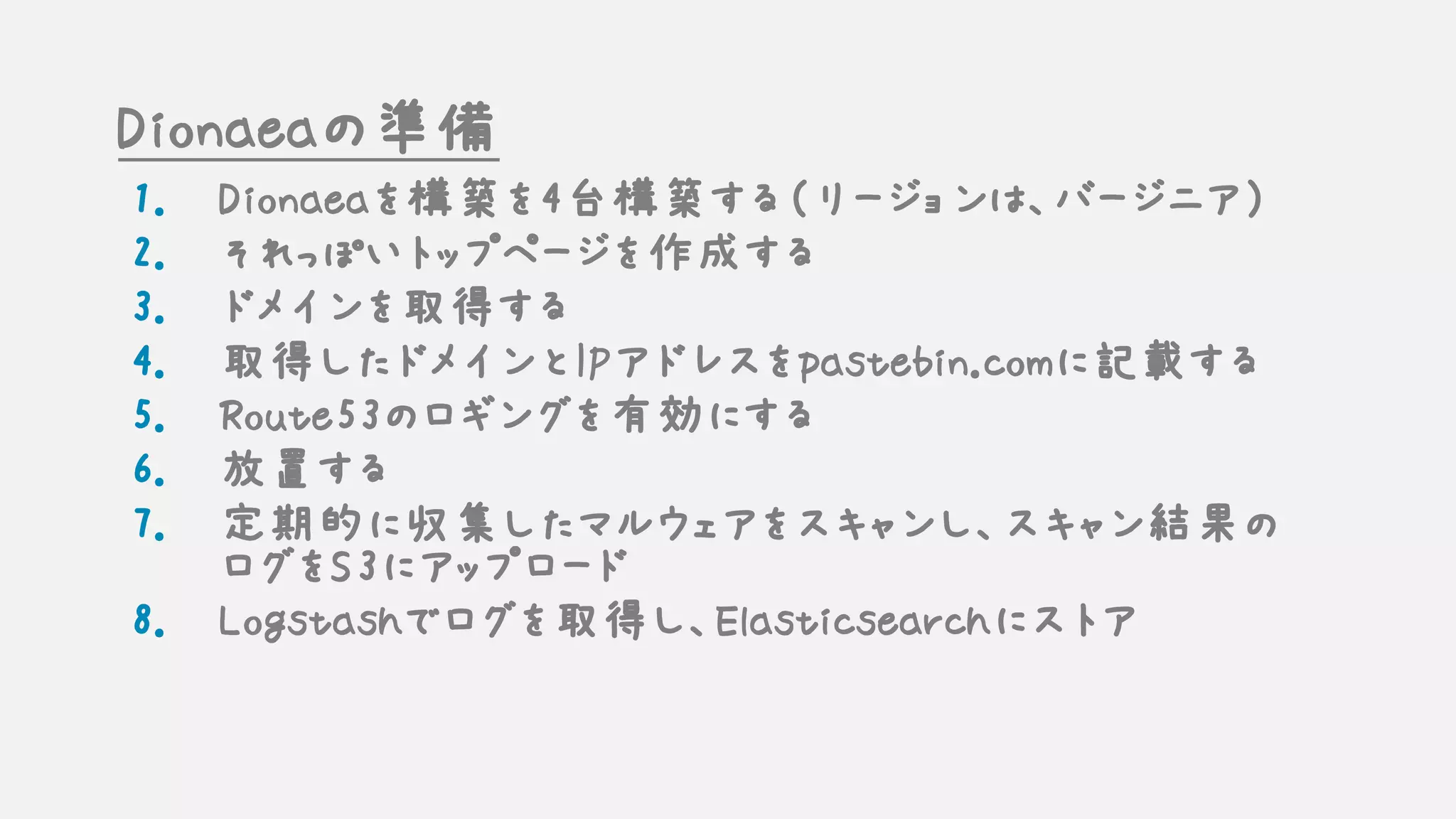 Dionaeaの準備
1. Dionaeaを構築を4台構築する（リージョンは、バージニア）
2. それっぽいトップページを作成する
3. ドメインを取得する
4. 取得したドメインとIPアドレスをpastebin.comに記載する
5. Route53のロギングを有効にする
6. 放置する
7. 定期的に収集したマルウェアをスキャンし、スキャン結果の
ログをS3にアップロード
8. Logstashでログを取得し、Elasticsearchにストア
 