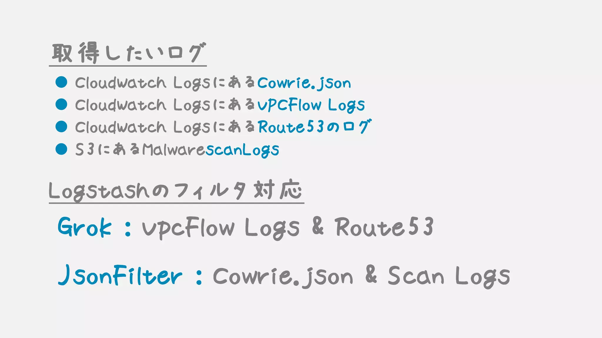 取得したいログ
l CloudWatch LogsにあるCowrie.json
l CloudWatch LogsにあるVPCFlow Logs
l CloudWatch LogsにあるRoute53のログ
l S3にあるMalwarescanLogs
Grok : VpcFlow Logs & Route53
JsonFilter : Cowrie.json & Scan Logs
Logstashのフィルタ対応
 