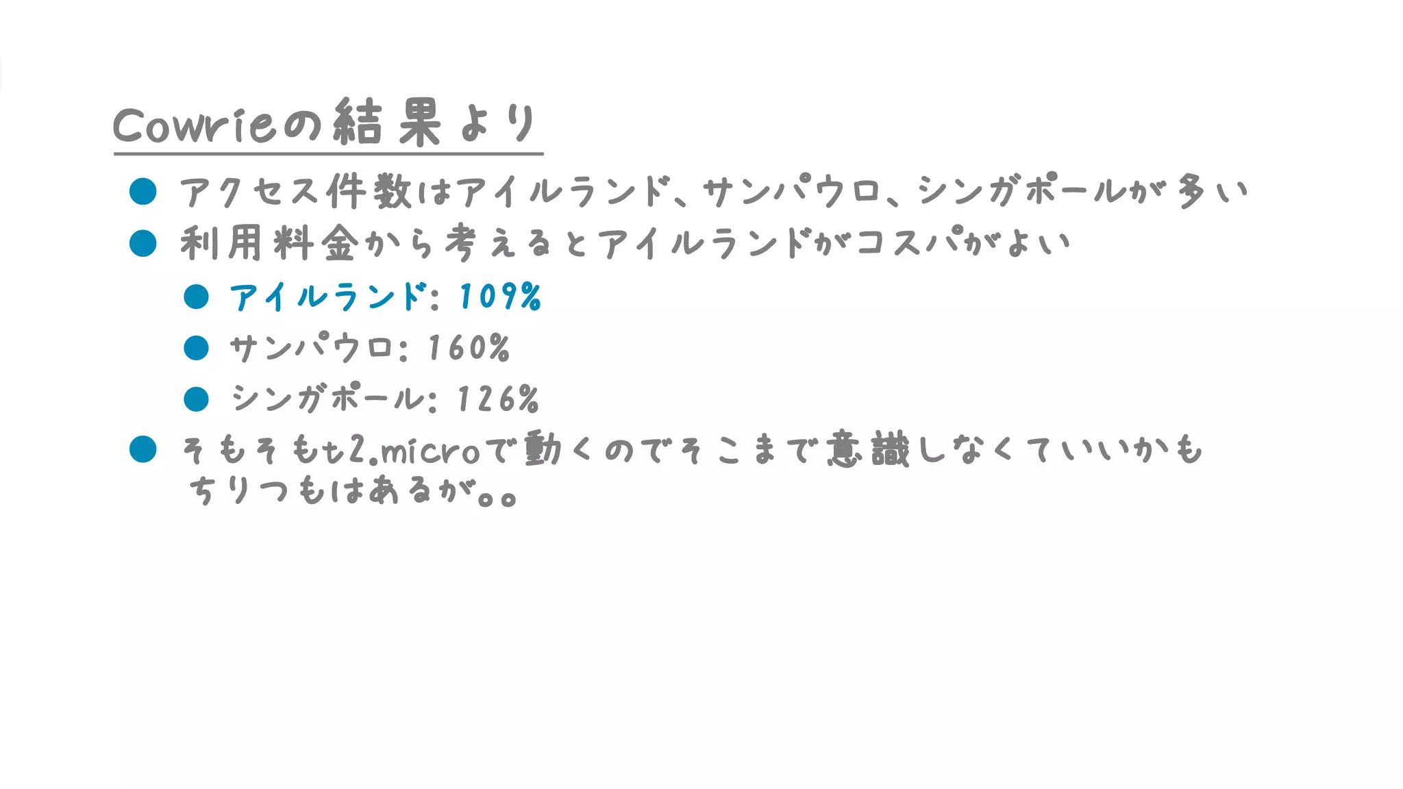 Cowrieの結果より
l アクセス件数はアイルランド、サンパウロ、シンガポールが多い
l 利用料金から考えるとアイルランドがコスパがよい
l アイルランド: 109%
l サンパウロ: 160%
l シンガポール: 126%
l そもそもt2.microで動くのでそこまで意識しなくていいかも
ちりつもはあるが。。
 