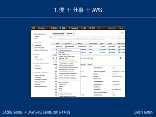 1. 僕 ＋ 仕事 ＋ AWS

JAZUG Sendai ＋ JAWS-UG Sendai 2013-11-09

Eikichi Gotoh

 