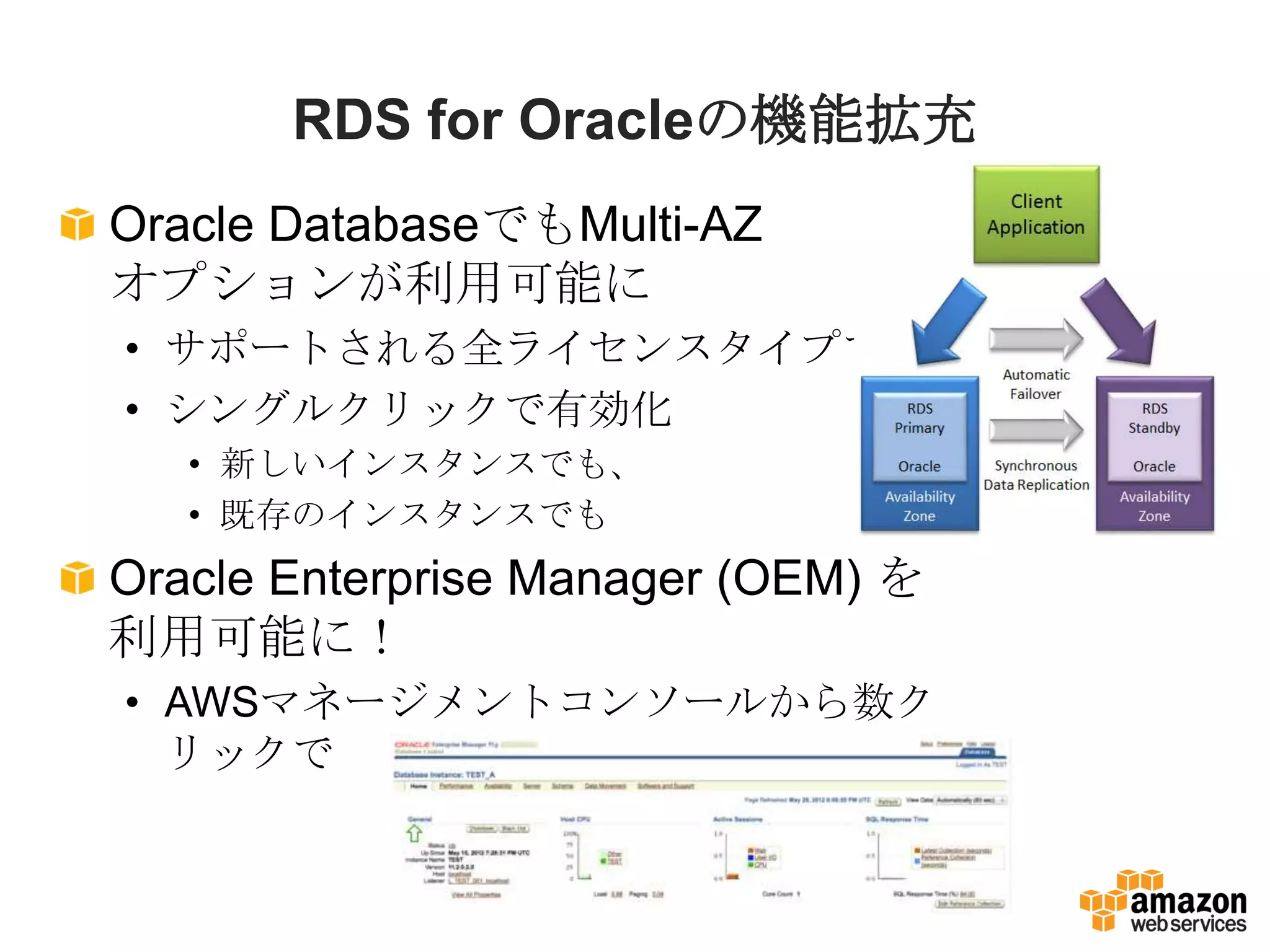 RDS for Oracleの機能拡充
Oracle DatabaseでもMulti-AZ
オプションが利用可能に
• サポートされる全ライセンスタイプで
• シングルクリックで有効化
   • 新しいインスタンスでも、
   • 既存のインスタンスでも
Oracle Enterprise Manager (OEM) を
利用可能に！
• AWSマネージメントコンソールから数ク
  リックで
 