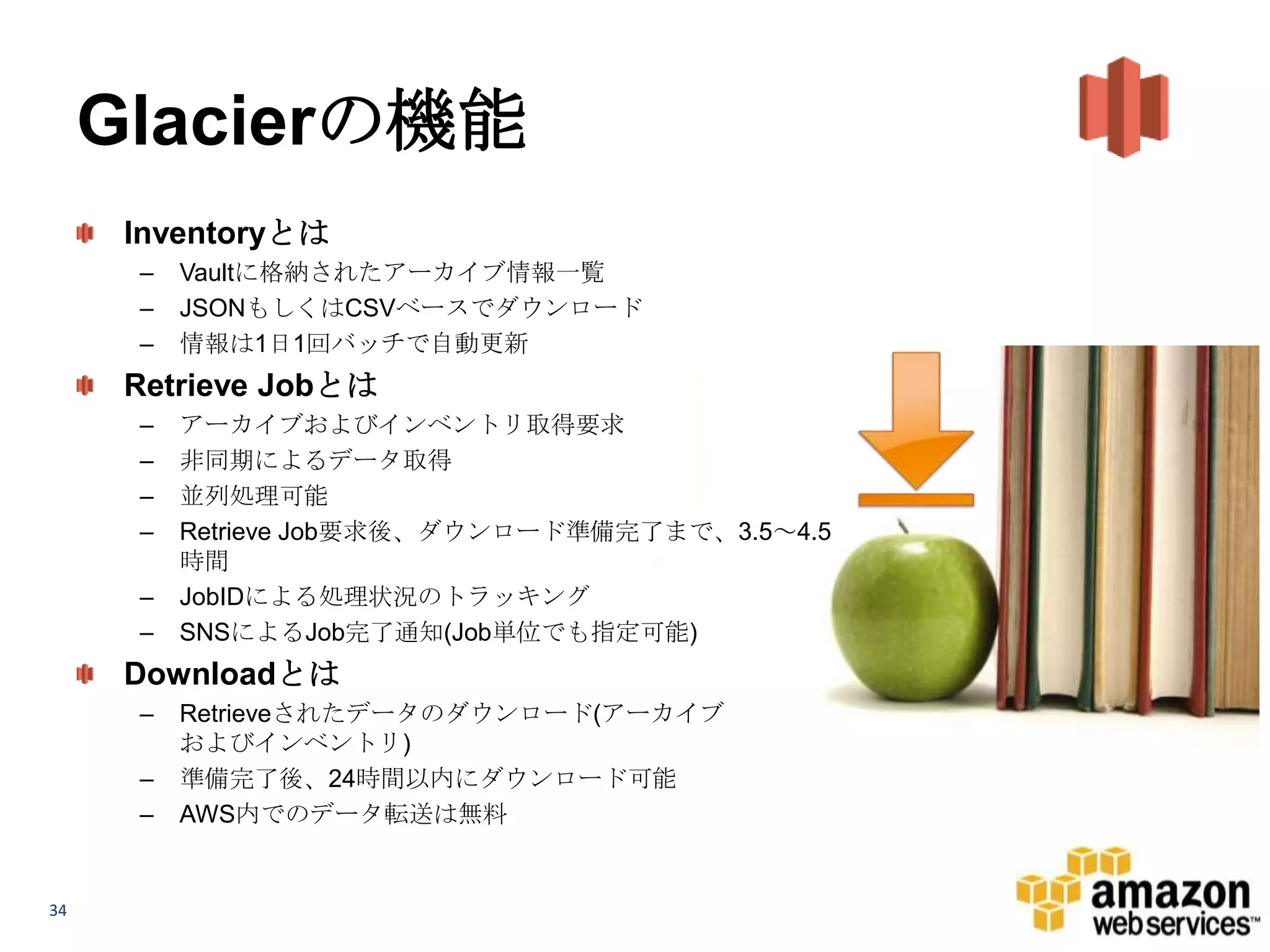 Glacierの機能
      Inventoryとは
      –   Vaultに格納されたアーカイブ情報一覧
      –   JSONもしくはCSVベースでダウンロード
      –   情報は1日1回バッチで自動更新
      Retrieve Jobとは
      –   アーカイブおよびインベントリ取得要求
      –   非同期によるデータ取得
      –   並列処理可能
      –   Retrieve Job要求後、ダウンロード準備完了まで、3.5～4.5
          時間
      –   JobIDによる処理状況のトラッキング
      –   SNSによるJob完了通知(Job単位でも指定可能)
      Downloadとは
      –   Retrieveされたデータのダウンロード(アーカイブ
          およびインベントリ)
      –   準備完了後、24時間以内にダウンロード可能
      –   AWS内でのデータ転送は無料


34
 