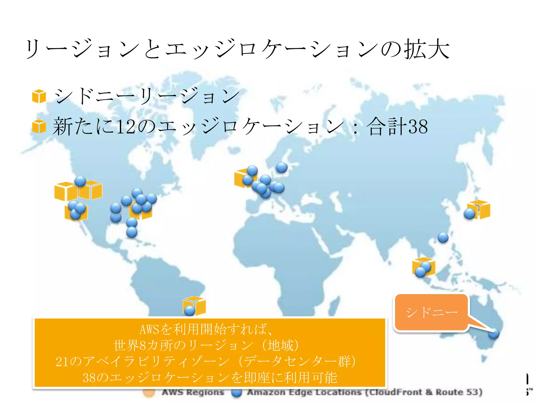 リージョンとエッジロケーションの拡大
 シドニーリージョン
 新たに12のエッジロケーション：合計38




                            シドニー
         AWSを利用開始すれば、
       世界8カ所のリージョン（地域）
 21のアベイラビリティゾーン（データセンター群）
    38のエッジロケーションを即座に利用可能
 