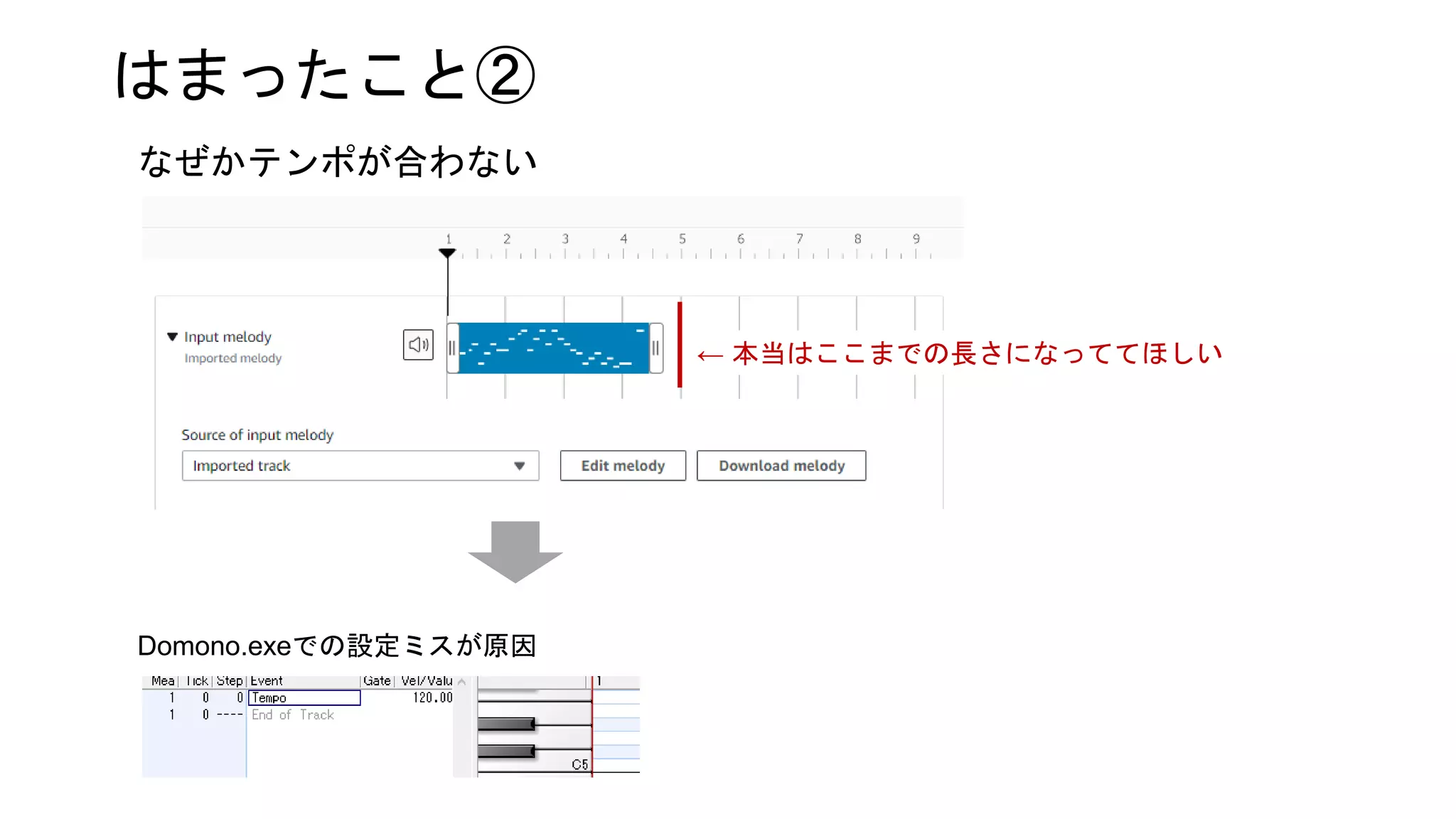 なぜかテンポが合わない
はまったこと②
← 本当はここまでの長さになっててほしい
Domono.exeでの設定ミスが原因
 