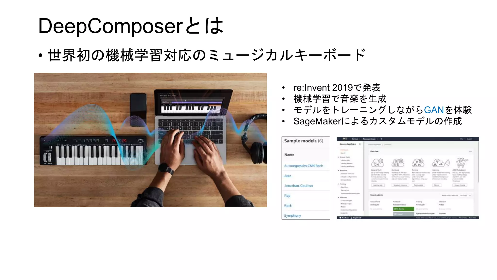 DeepComposerとは
• 世界初の機械学習対応のミュージカルキーボード
• re:Invent 2019で発表
• 機械学習で音楽を生成
• モデルをトレーニングしながらGANを体験
• SageMakerによるカスタムモデルの作成
 