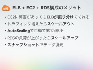ELB + EC2 + RDS構成のメリット
• EC2に障害があってもELBが振り分けてくれる
• トラフィック増えたらスケールアウト
• AutoScalingで自動で拡大/縮小
• RDSの負荷が上がったらスケールアップ
• スナップショットでデータ復元
 