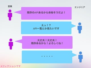 既存のAPIあるから余裕そうだよ！
大丈夫！大丈夫！
既存あるから！よろしくね！
営業 エンジニア
えっ！？
API一覧とか見たいです
・・・・・
※フィクションです
 
