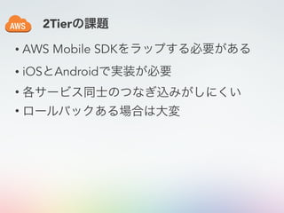 • AWS Mobile SDKをラップする必要がある
• iOSとAndroidで実装が必要
• 各サービス同士のつなぎ込みがしにくい
• ロールバックある場合は大変
2Tierの課題
 