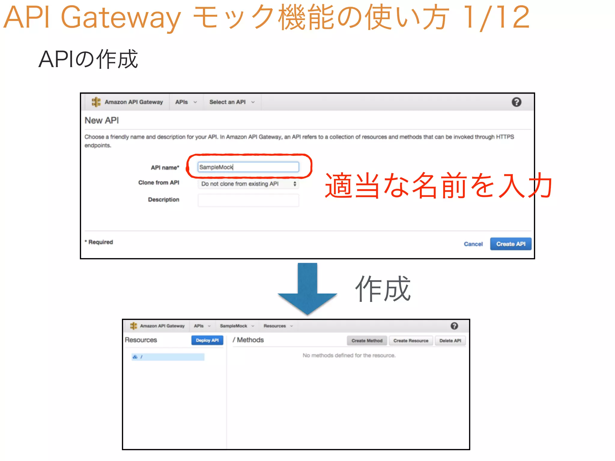 API Gateway モック機能の使い方 1/12
APIの作成
適当な名前を入力
作成
 