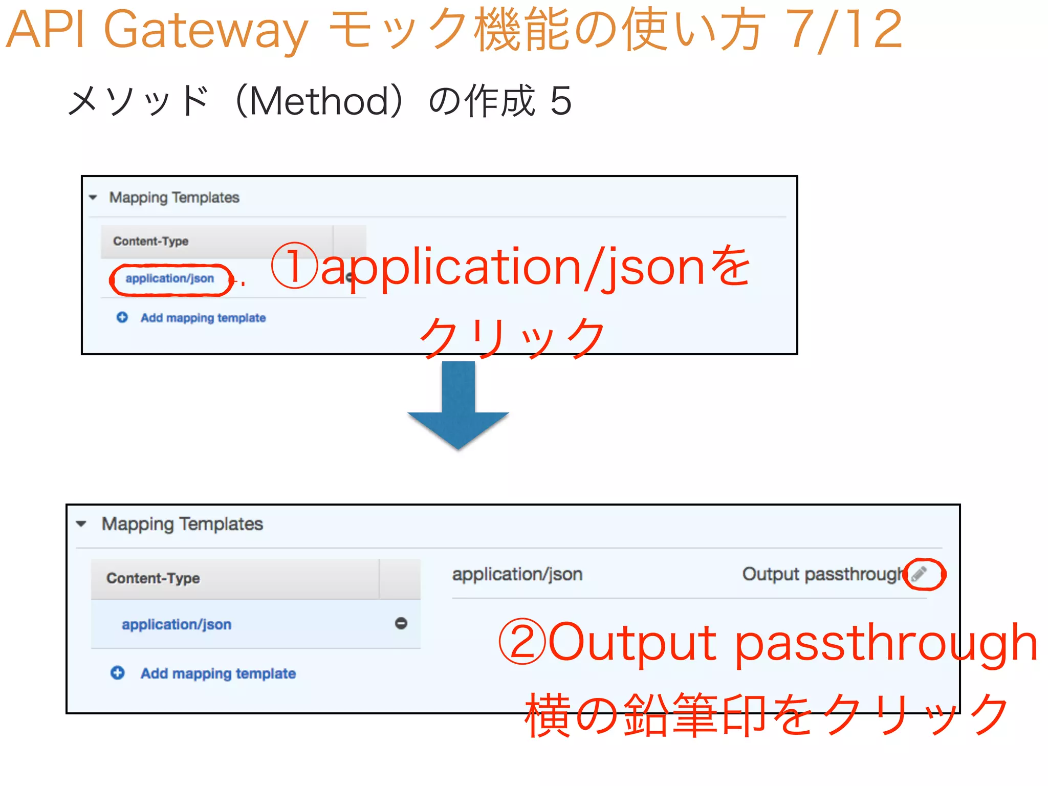API Gateway モック機能の使い方 7/12
メソッド（Method）の作成 5
①application/jsonを
クリック
②Output passthrough
横の鉛筆印をクリック
 