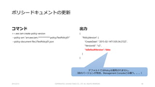 ポリシードキュメントの表示
コマンド
>> aws iam get-policy-version
--policy-arn "arn:aws:iam::************:policy/TestPolicy01“
--version-id "v1"
出力
{
"PolicyVersion": {
"CreateDate": "2015-02-14T12:44:45Z",
"VersionId": "v1",
"Document": {
（省略）
},
"IsDefaultVersion": true
}
}
2015/2/22 40
バージョンの指定は文字列です。
適用されているPolicyかどうかが確認できます。
 