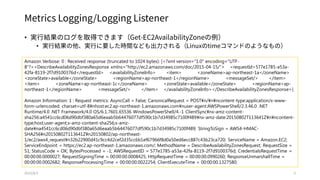 Metrics Logging/Logging Listener
• 実行結果のログを取得できます（Get-EC2AvailabilityZoneの例）
• 実行結果の他、実行に要した時間なども出力される（Linuxのtimeコマンドのようなもの）
2015/8/3 5
Amazon Verbose: 0 : Received response (truncated to 1024 bytes): [<?xml version="1.0" encoding="UTF-
8"?><DescribeAvailabilityZonesResponse xmlns="http://ec2.amazonaws.com/doc/2015-04-15/"> <requestId>577e1785-a53a-42fa-
8119-2f7d9100376d</requestId> <availabilityZoneInfo> <item> <zoneName>ap-northeast-1a</zoneName>
<zoneState>available</zoneState> <regionName>ap-northeast-1</regionName> <messageSet/> </item>
<item> <zoneName>ap-northeast-1c</zoneName> <zoneState>available</zoneState> <regionName>ap-
northeast-1</regionName> <messageSet/> </item> </availabilityZoneInfo></DescribeAvailabilityZonesResponse>]
Amazon Information: 1 : Request metrics: AsyncCall = False; CanonicalRequest = POST¥n/¥n¥ncontent-type:application/x-www-form-
urlencoded; charset=utf-8¥nhost:ec2.ap-northeast-1.amazonaws.com¥nuser-agent:AWSPowerShell/2.3.46.0 .NET Runtime/4.0 .NET
Framework/4.0 OS/6.1.7601.65536 WindowsPowerShell/4.-1 ClientSync¥nx-amz-content-
sha256:a4541cc6cd06d90dbf380a65d6eaab5b64476077df590c1b7d34985c7100f489¥nx-amz-date:20150802T113641Z¥n¥ncontent-
type;host;user-agent;x-amz-content-sha256;x-amz-date¥na4541cc6cd06d90dbf380a65d6eaab5b64476077df590c1b7d34985c7100f489;
StringToSign = AWS4-HMAC-SHA256¥n20150802T113641Z¥n20150802/ap-northeast-
1/ec2/aws4_request¥n32b22900d41c9cc4d2cef2d35cc6b1ef67966f8d0a50ed6ecc887c43b23ca720; ServiceName = Amazon.EC2;
ServiceEndpoint = https://ec2.ap-northeast-1.amazonaws.com/; MethodName = DescribeAvailabilityZonesRequest; RequestSize = 51;
StatusCode = OK; BytesProcessed = -1; AWSRequestID = 577e1785-a53a-42fa-8119-2f7d9100376d; CredentialsRequestTime =
00:00:00.0000027; RequestSigningTime = 00:00:00.0008425; HttpRequestTime = 00:00:00.0990260; ResponseUnmarshallTime =
00:00:00.0002682; ResponseProcessingTime = 00:00:00.0022254; ClientExecuteTime = 00:00:00.1327580;
 