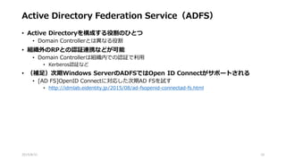 Active Directory Federation Service（ADFS）
• Active Directoryを構成する役割のひとつ
• Domain Controllerとは異なる役割
• 組織外のRPとの認証連携などが可能
• Domain Controllerは組織内での認証で利用
• Kerberos認証など
• （補足）次期Windows ServerのADFSではOpen ID Connectがサポートされる
• [AD FS]OpenID Connectに対応した次期AD FSを試す
• http://idmlab.eidentity.jp/2015/08/ad-fsopenid-connectad-fs.html
2015/8/31 10
 
